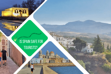 green text box: is spain safe for tourists? 4 photos of spain: malecon in Cadiz, kids on narrow street, templo de debod in dark, countryside from ronda