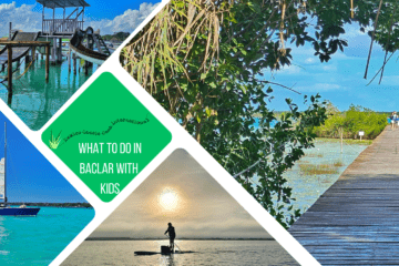 green text box: bacalar with kids. 4 photos of Bacalar water activities . one is of water slides, 1 of sail boat, 1 of person on paddle board in early morning and one of walk way over water through trees