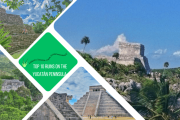 green text box: 10 best ruins on the Yucatán Peninsula. 4 photos. 1 of TUlum, one of Chichén Itzá, 1 of Calakmul and one of Xcambo