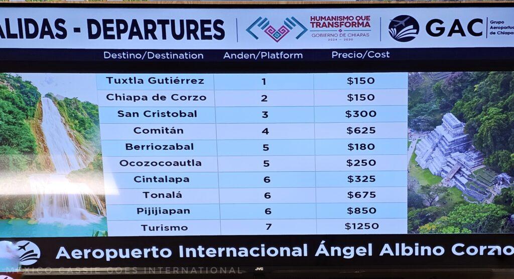 view of the price board for buses from the airport