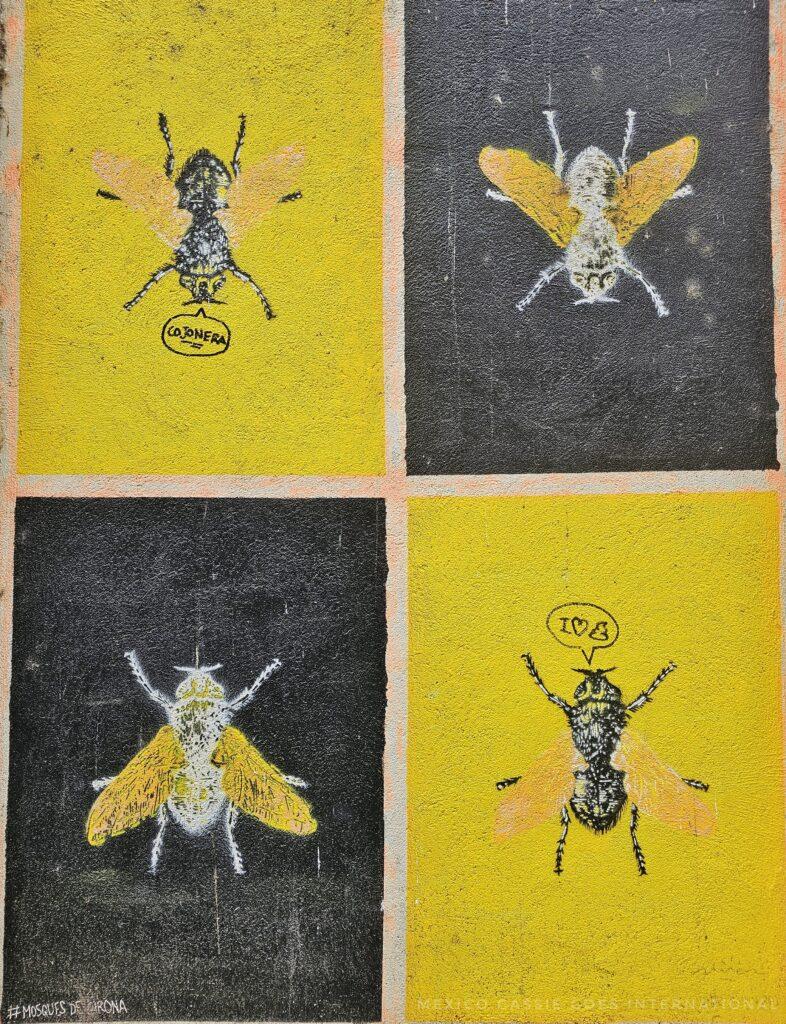 street art - 4 squares, 2 yellow, two black, each with a fly in it