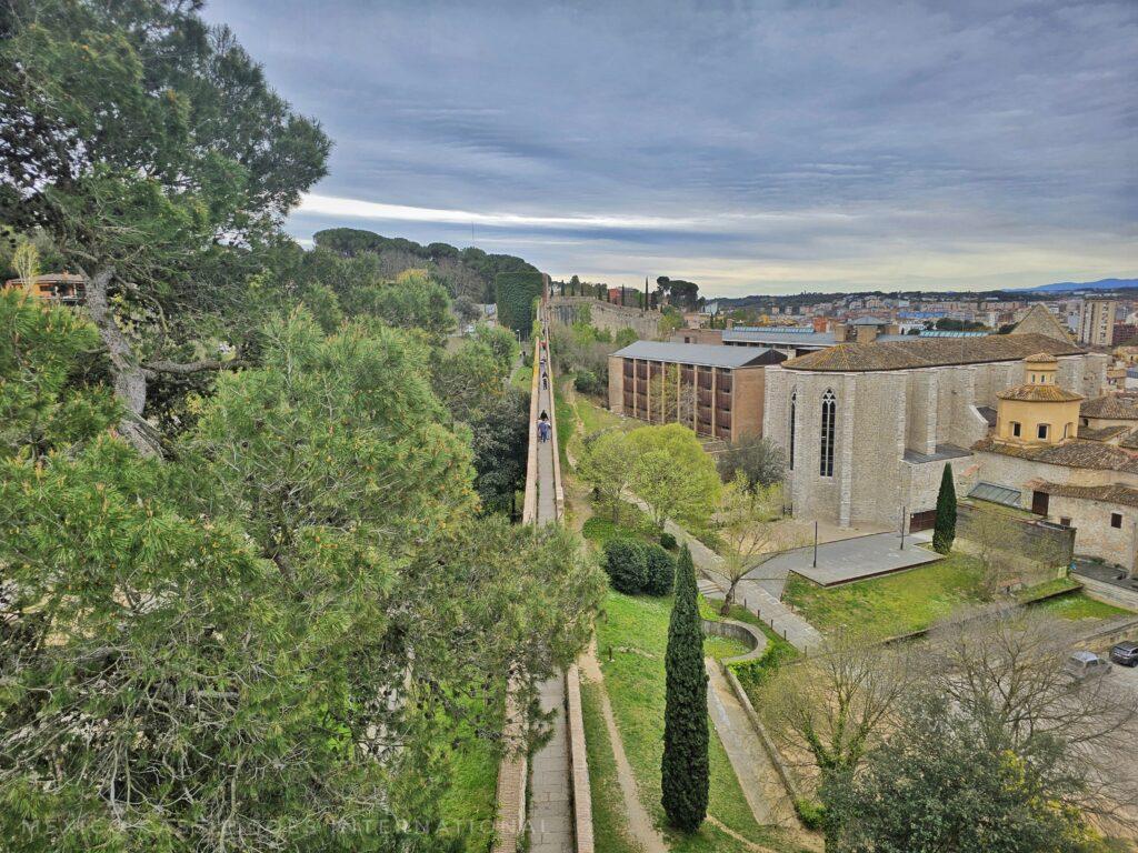 looking down from a tower over city wall, trees on left, buildings on right