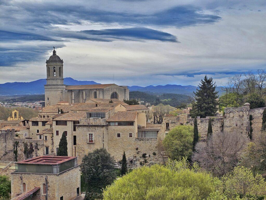 view over Girona old city on a cloudy day