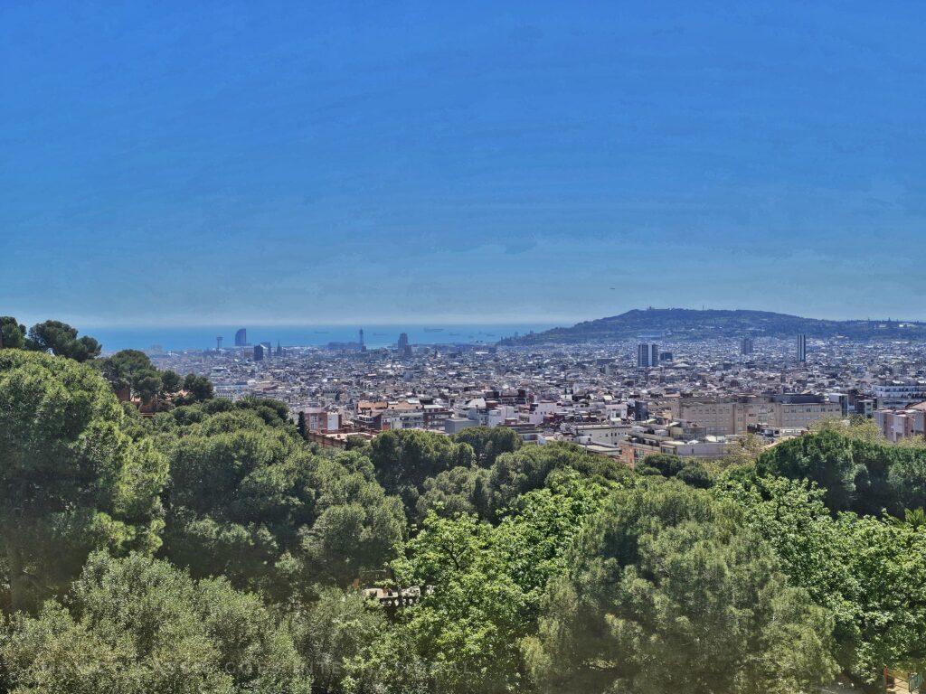 view over Barcelona from a distance, trees in foreground