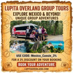 ad for Lupita Overland, photo of Lupita bus and passengers, a waterfall and Bacalar
