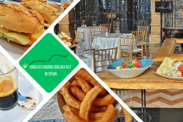 green text box: understanding breakfast in Spain. 4 photos, one of two plates (one with strawberries) in front of tables and chairs in smart dining room, one of churros, one of two bocadillos and one of a café solo