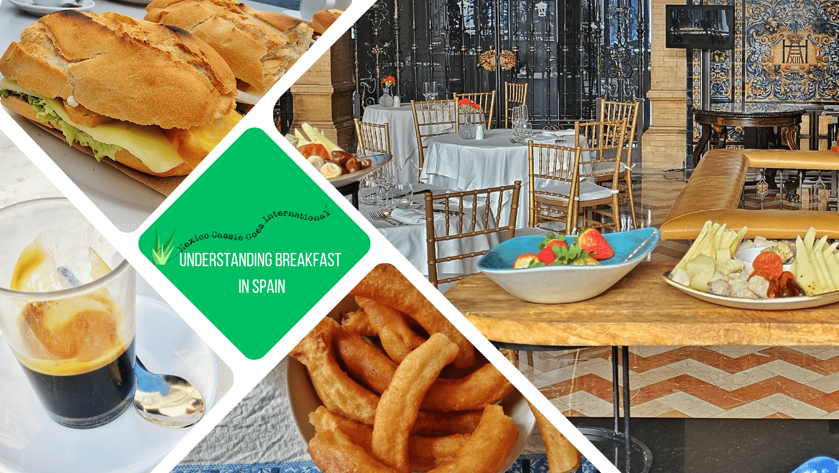 green text box: understanding breakfast in Spain. 4 photos, one of two plates (one with strawberries) in front of tables and chairs in smart dining room, one of churros, one of two bocadillos and one of a café solo