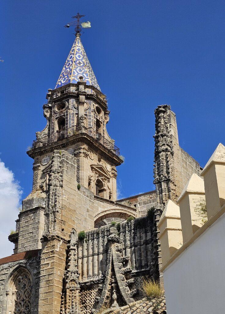 church with tiled blue tower roof