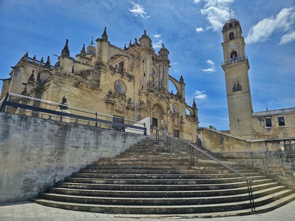 jerez cathedral taken from bottom of steps, can see the sprawling cathedral and its bello tower