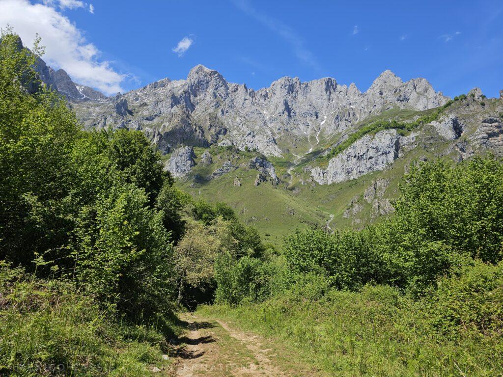 mountain peaks, green hills and trees