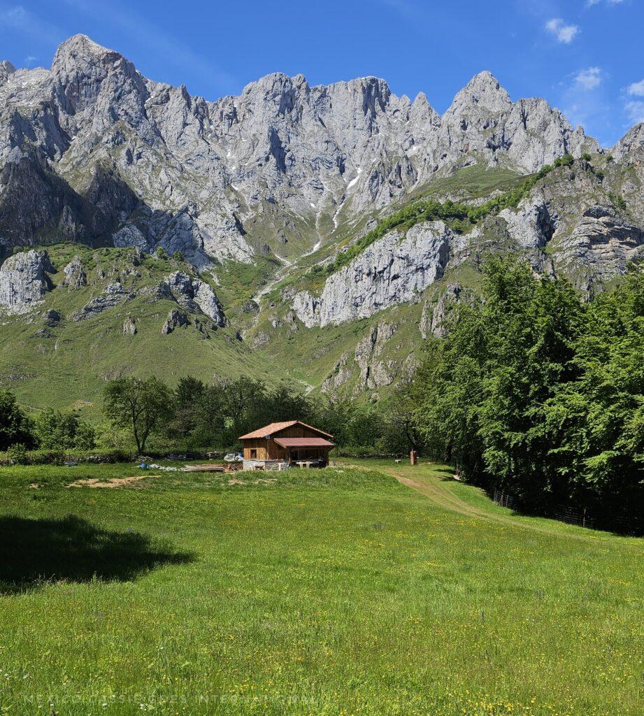 green field, one house, mountains, blue sky