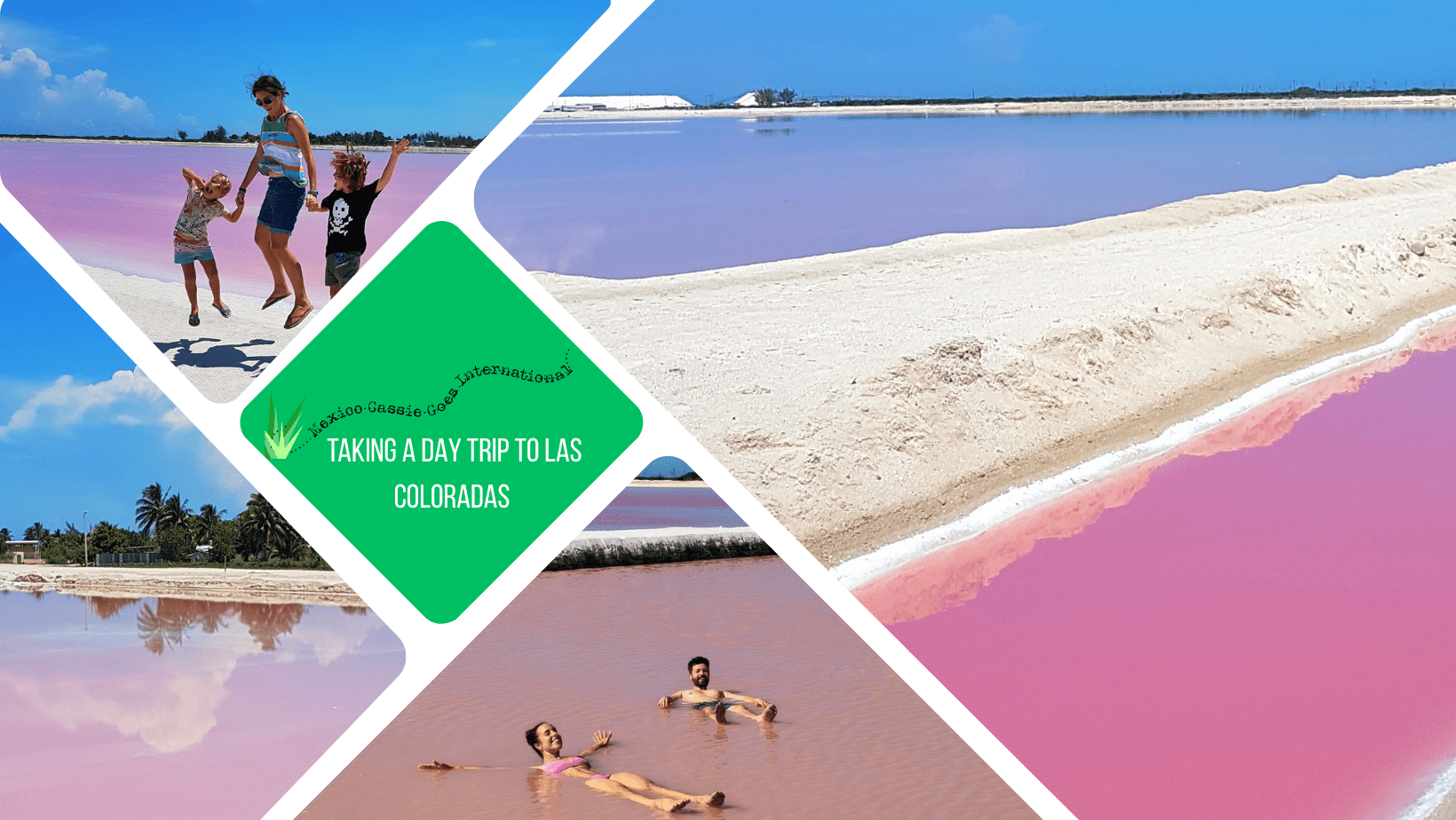 green text box: taking a day trip to Las Coloradas. 4 photos of pink water - one with two people swimming in it, one with adults and 2 kids jumping next to it