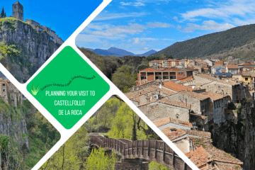 green text box: planning your visit to castellfollit de la roca. 4 photos of the town and its houses