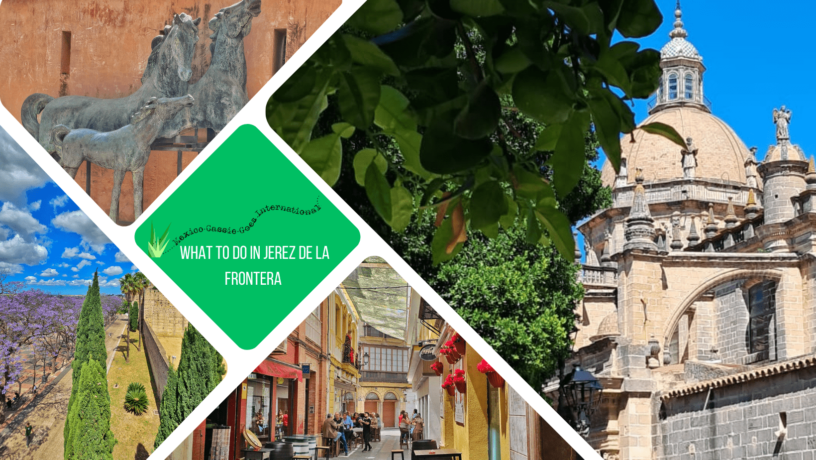 green text box: what to do in jerez de la frontera. 4 photos. 1 of cathedral, 1 of street, 1 of jacarandas and alcazar, 1 of sculpture of horses