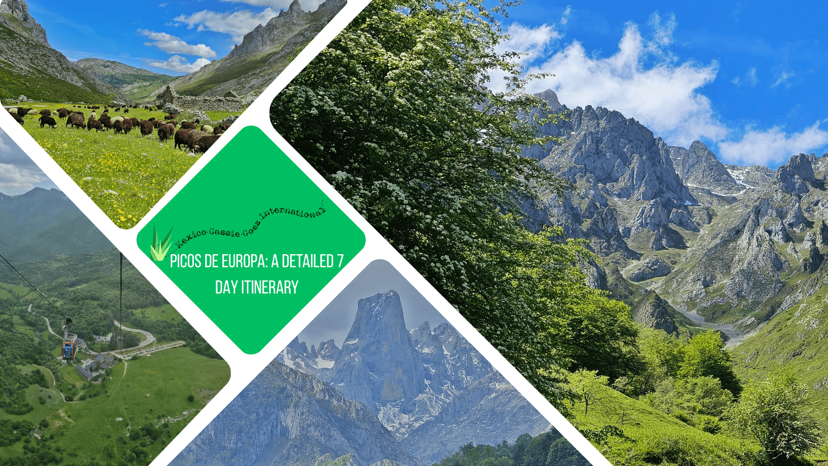 green text box: Picos de Europa, a detailed 7 day itinerary. 4 photos of the Picos, including sheep, snow, mountains