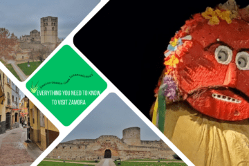green text box: everything you need to know for your trip to Zamora. 4 photos, one of a traditional red mask, 1 of the cathedral, one of the street, one of the castle