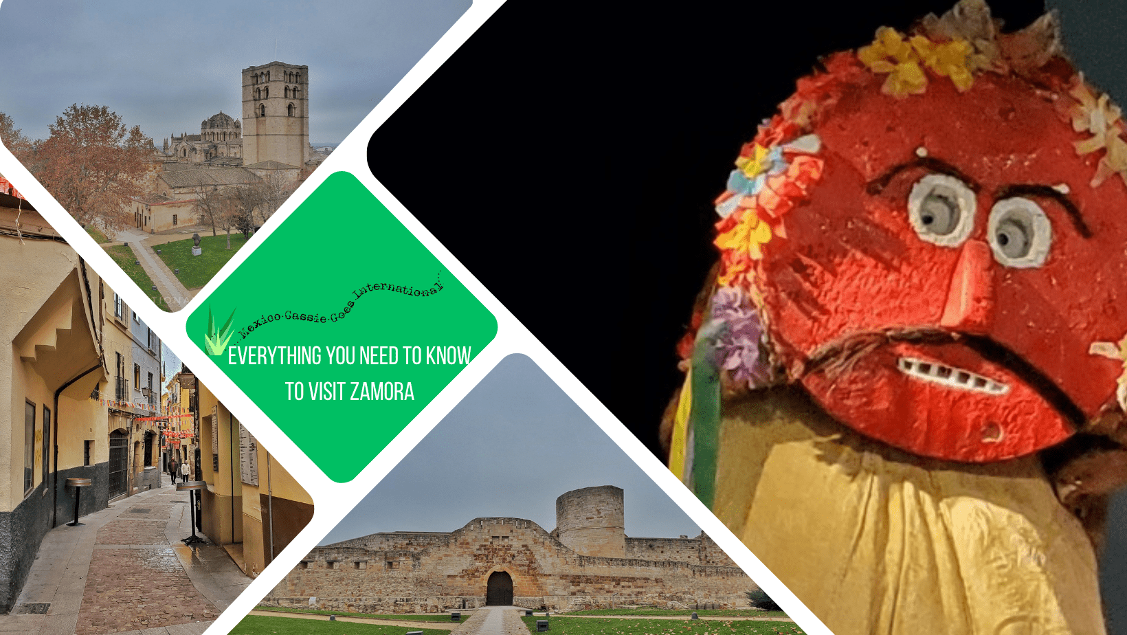 green text box: everything you need to know for your trip to Zamora. 4 photos, one of a traditional red mask, 1 of the cathedral, one of the street, one of the castle