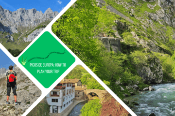 green text box: Picos de Europa, how to plan your trip. 4 photos, 1 of river in a gorge, one of mountain peaks, one of Potes town and river, 1 of Cass facing away from the camera looking at mountains