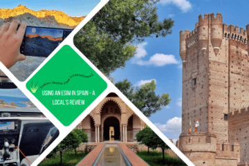 Green text box: using an esim in spain, a review by a local four photos, one of spanish castle tower, one of phone being used as camera, one of channel of water in alcazar and one of someone driving with screen used for a map