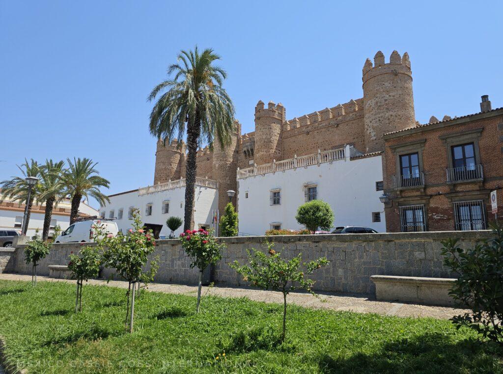 zafra castle with grass and palm trees in front of it