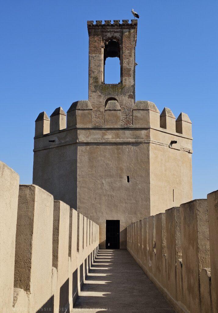torre espantaperros, photo taken looking between two walls towards the tower, blue sky, one stork on top