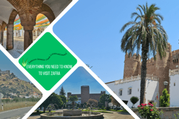 green text box: everything you need to know to visit zafra, 4 photos of zafra. one of parador, one of section of parador, one of arches and one of castle nearby