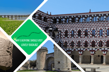 green text box: why everyone should visit lovely badajoz. 4 photos, cool painted building (red adn white geometric pattern), bridge over water, castle, ancient stone with carvings