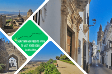 green text box: everything you need to know to visit jerez de los caballeros. 4 photos of the city, one of a street with church tower visible, 2 of various views and one of old city entrance