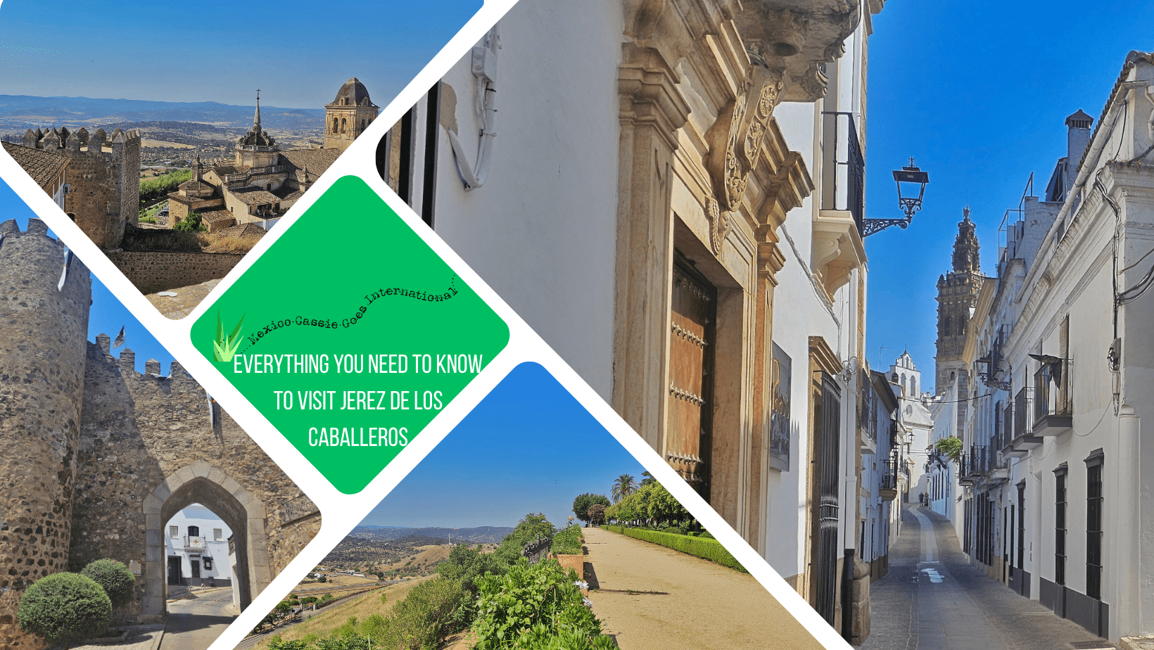 green text box: everything you need to know to visit jerez de los caballeros. 4 photos of the city, one of a street with church tower visible, 2 of various views and one of old city entrance