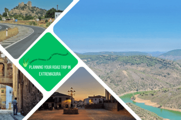 green text box: planning your road trip in extremadura. 4 photos. 1 of forest and large river, 1 of road wiht castle off to side, 1 of town plaza at dusk and 1 of street wiht arch over it