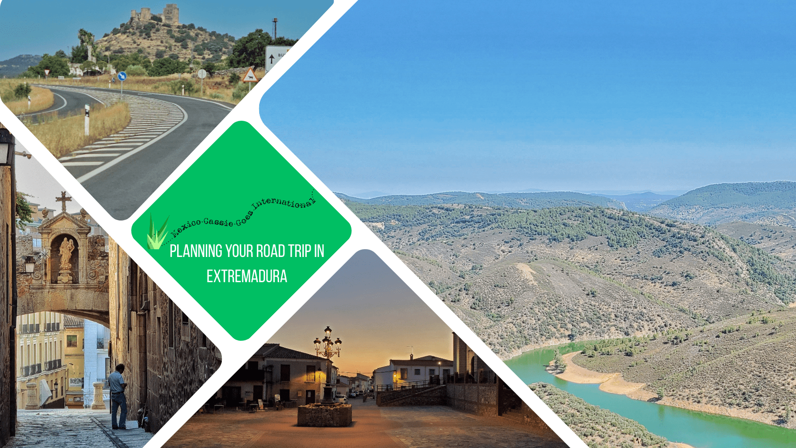 green text box: planning your road trip in extremadura. 4 photos. 1 of forest and large river, 1 of road wiht castle off to side, 1 of town plaza at dusk and 1 of street wiht arch over it