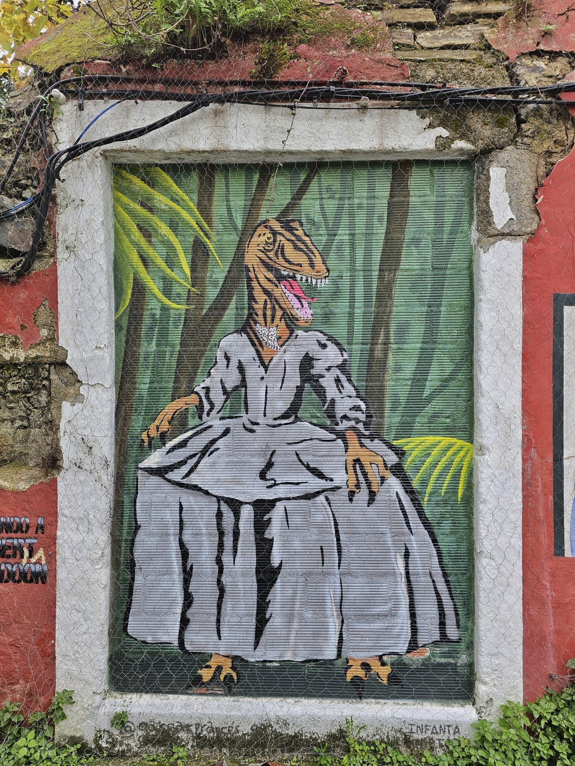 dinosaur in a dress, street art