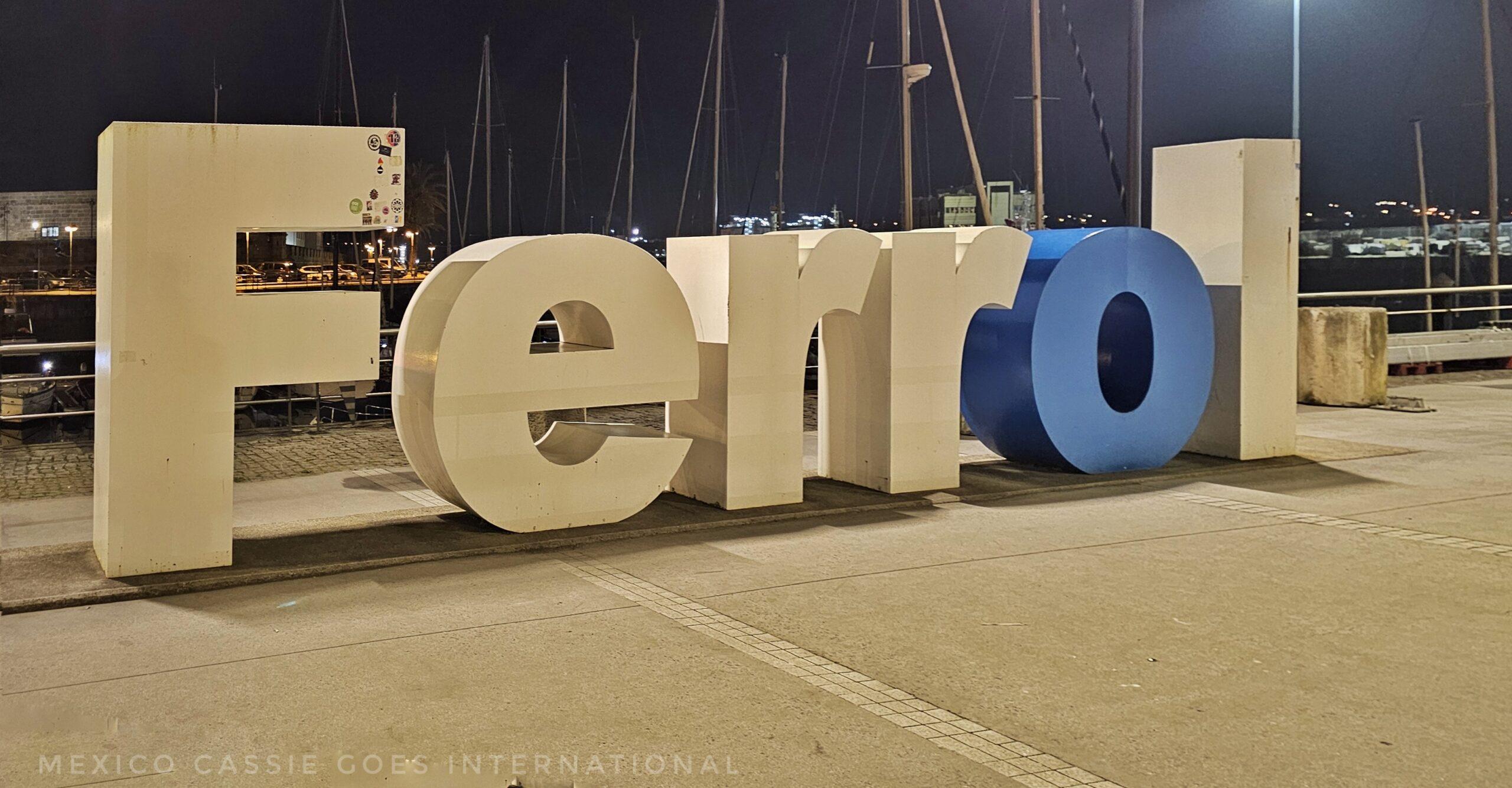 Ferrol letters at night (all white except the o, which is blue)