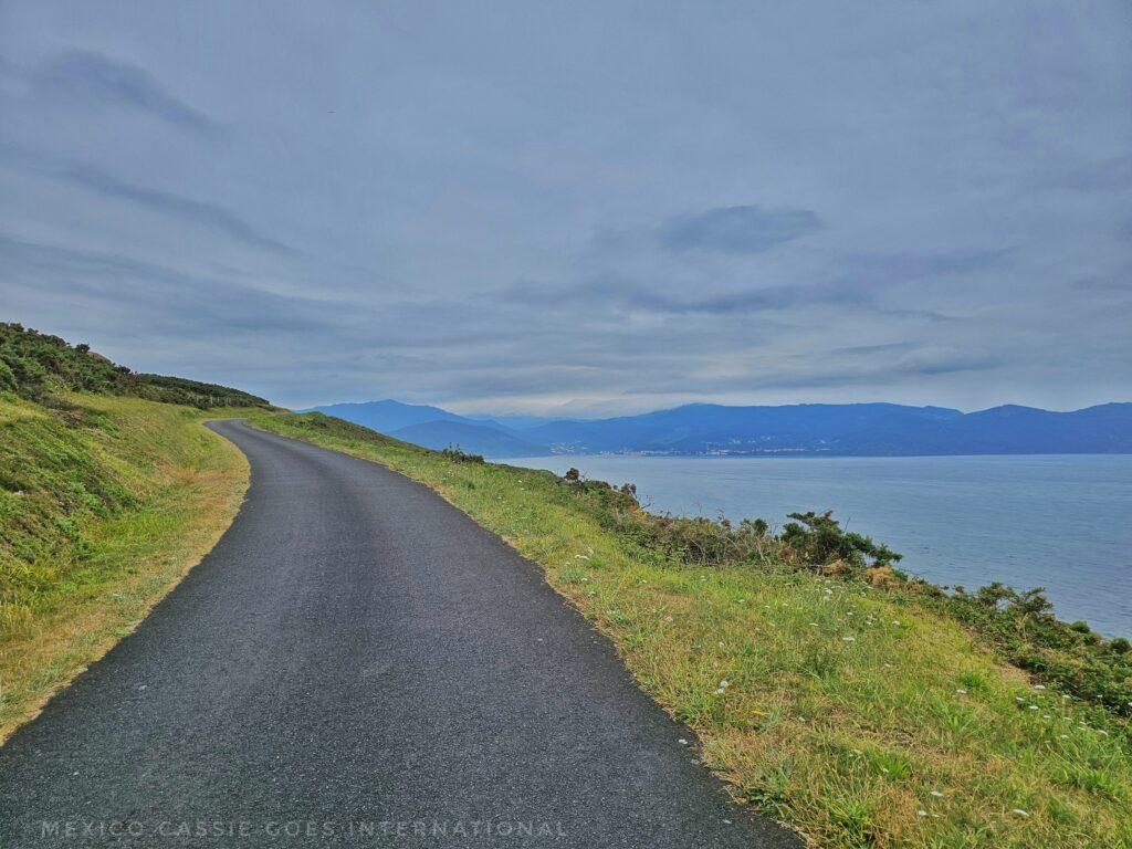 one lane paved road along coast, cliffs in distance, grass on either side