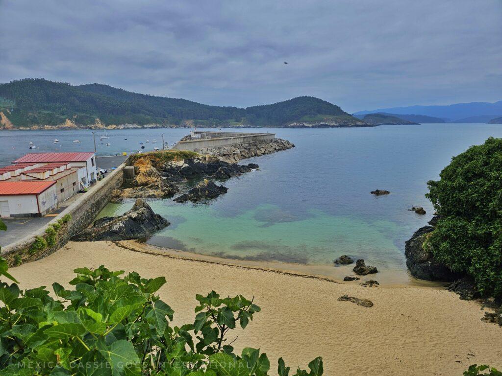 tiny beach with clear water, wall on left, cliffs in distance, beach surrounded by fig trees