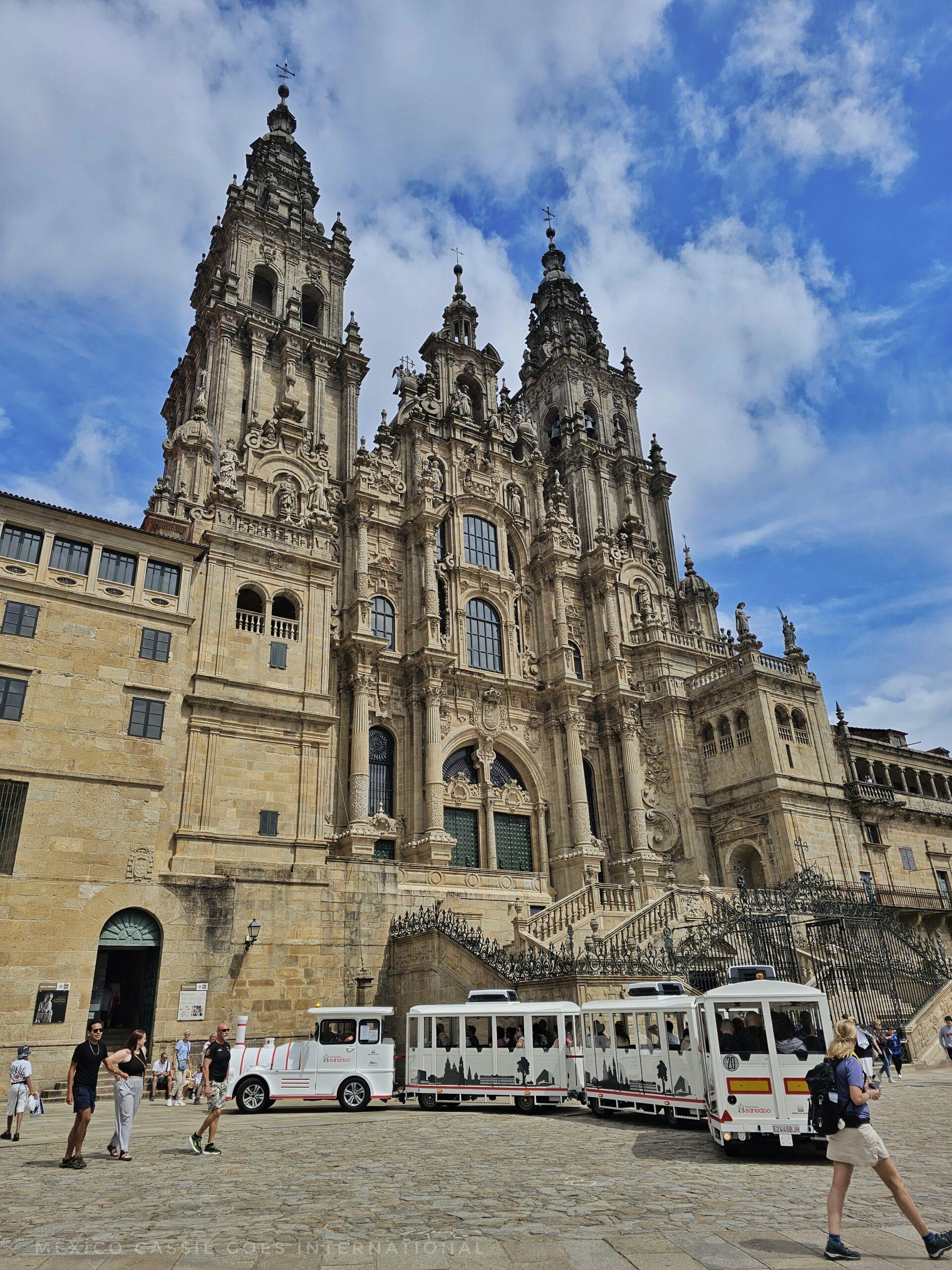 Santiago de Compostela cathedral with a tourist train in front of it