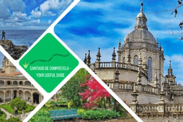 green text box: santiago de compostela, a useful guide. 4 photos, one of the cathedral, one of university courtyard, 1 of cass on coast and one of trees in park