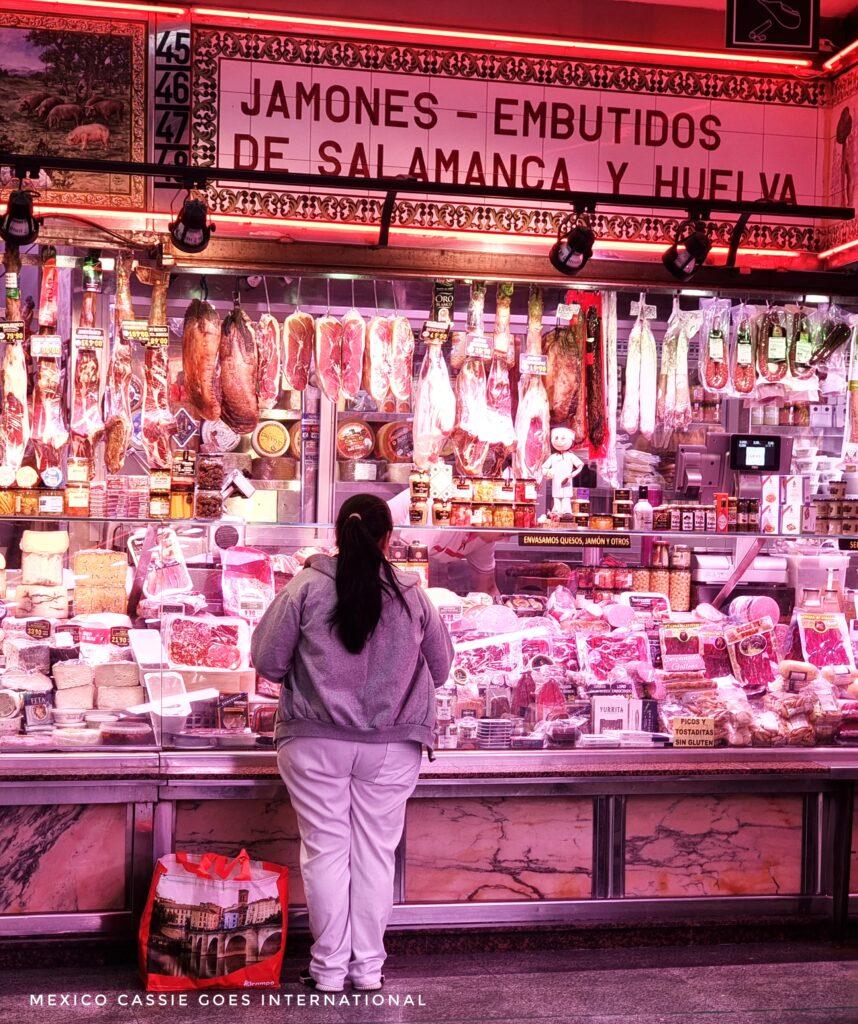 ham stall in a market in Madrid