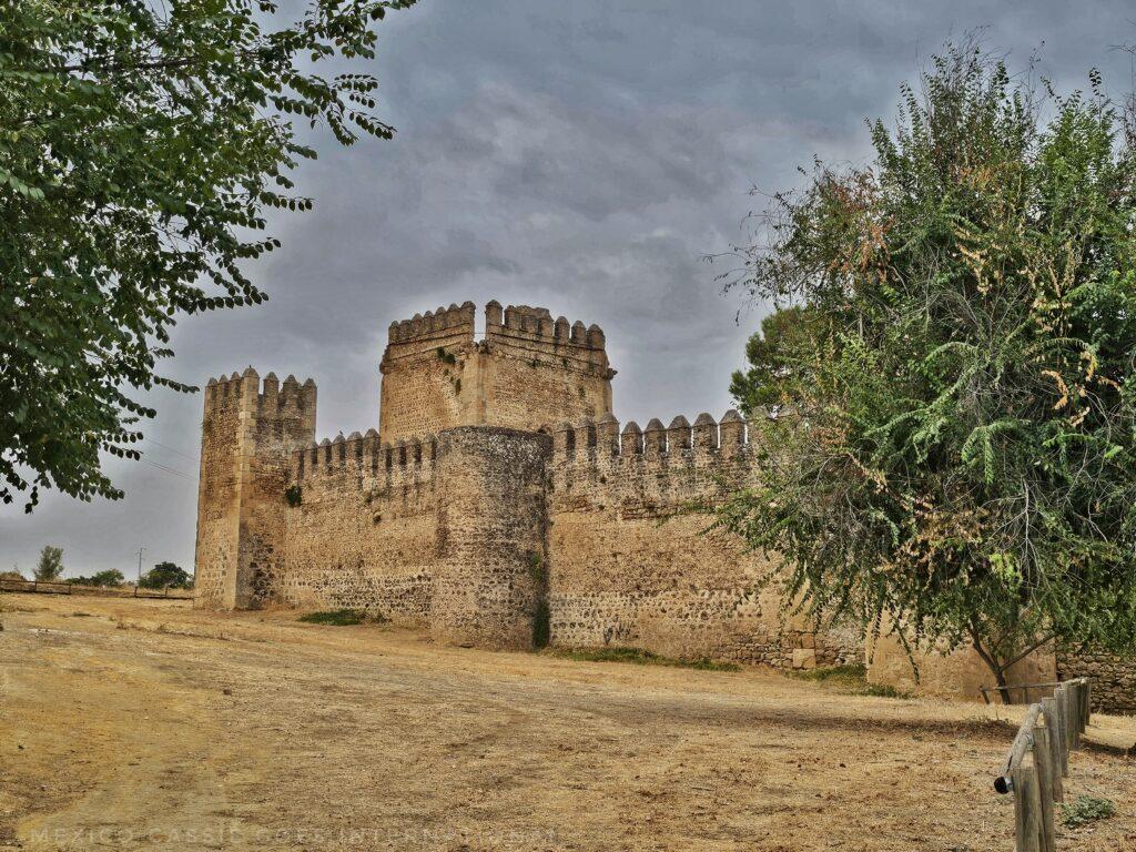 very typical looking castle on a grey, cloudy day. two trees in picture and dry ground