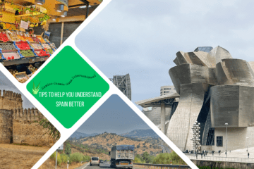 green text box: tips for visiting spain, 4 photos. 1 of guggenheim in bilbao, one of a market in sevilla, onw of a castle, and one of car and lorry on road