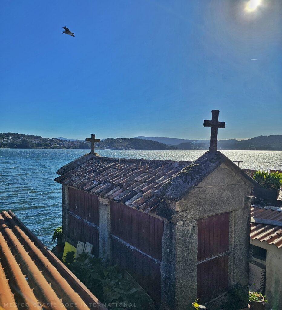 view over a hórrero, blue sky, one seagull flying