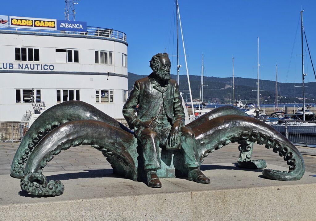 Sculpture of Jules Verne sitting on an octopus