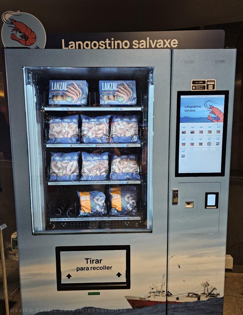 vending machine selling bags of frozen prawns - says langostino salvaxe