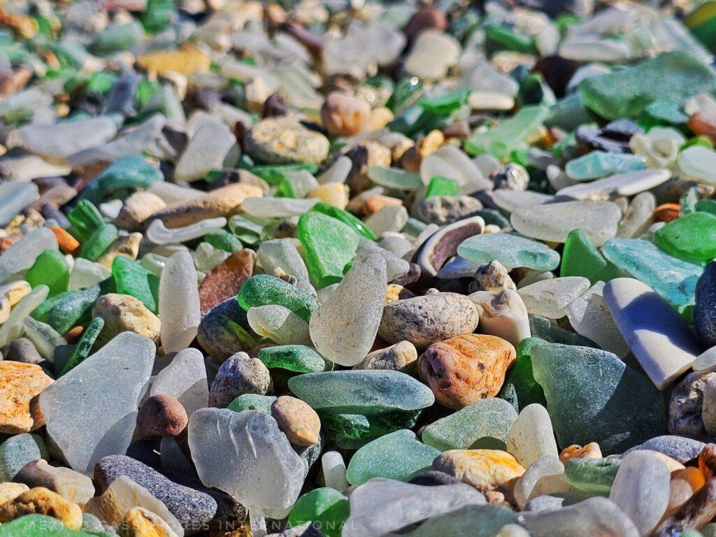 beach glass close up, varying colours
