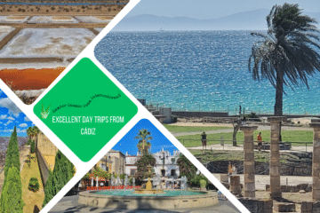 green text box: excellent day trips from Cádiz. 4 photos, one of Roman ruins, 1 of a town plaza, one of salt flats, 1 of city wall