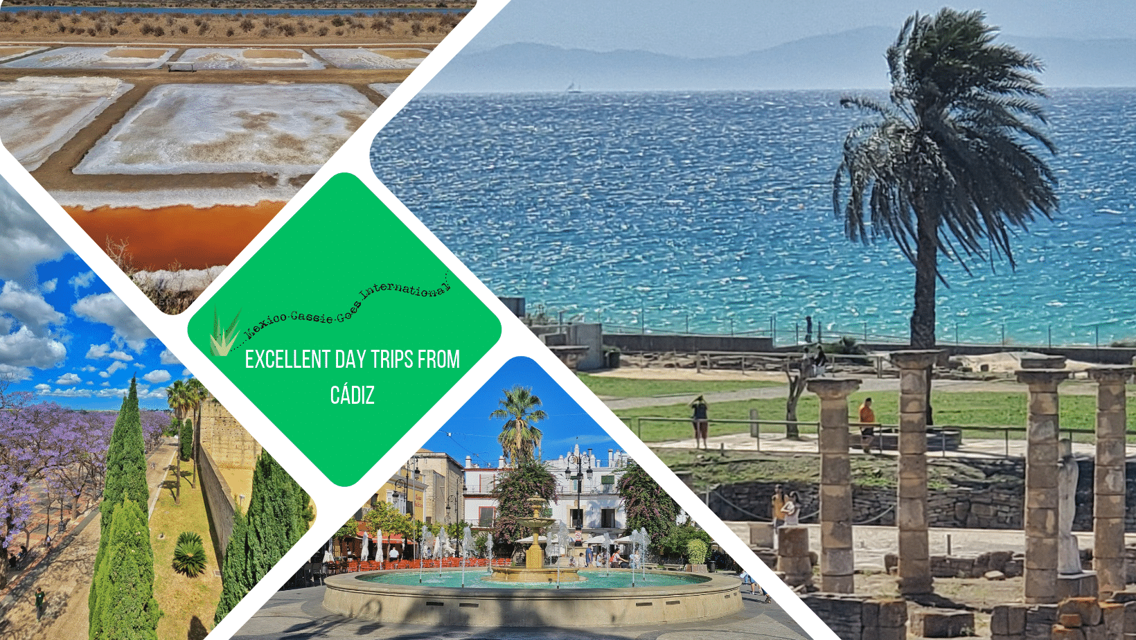 green text box: excellent day trips from Cádiz. 4 photos, one of Roman ruins, 1 of a town plaza, one of salt flats, 1 of city wall